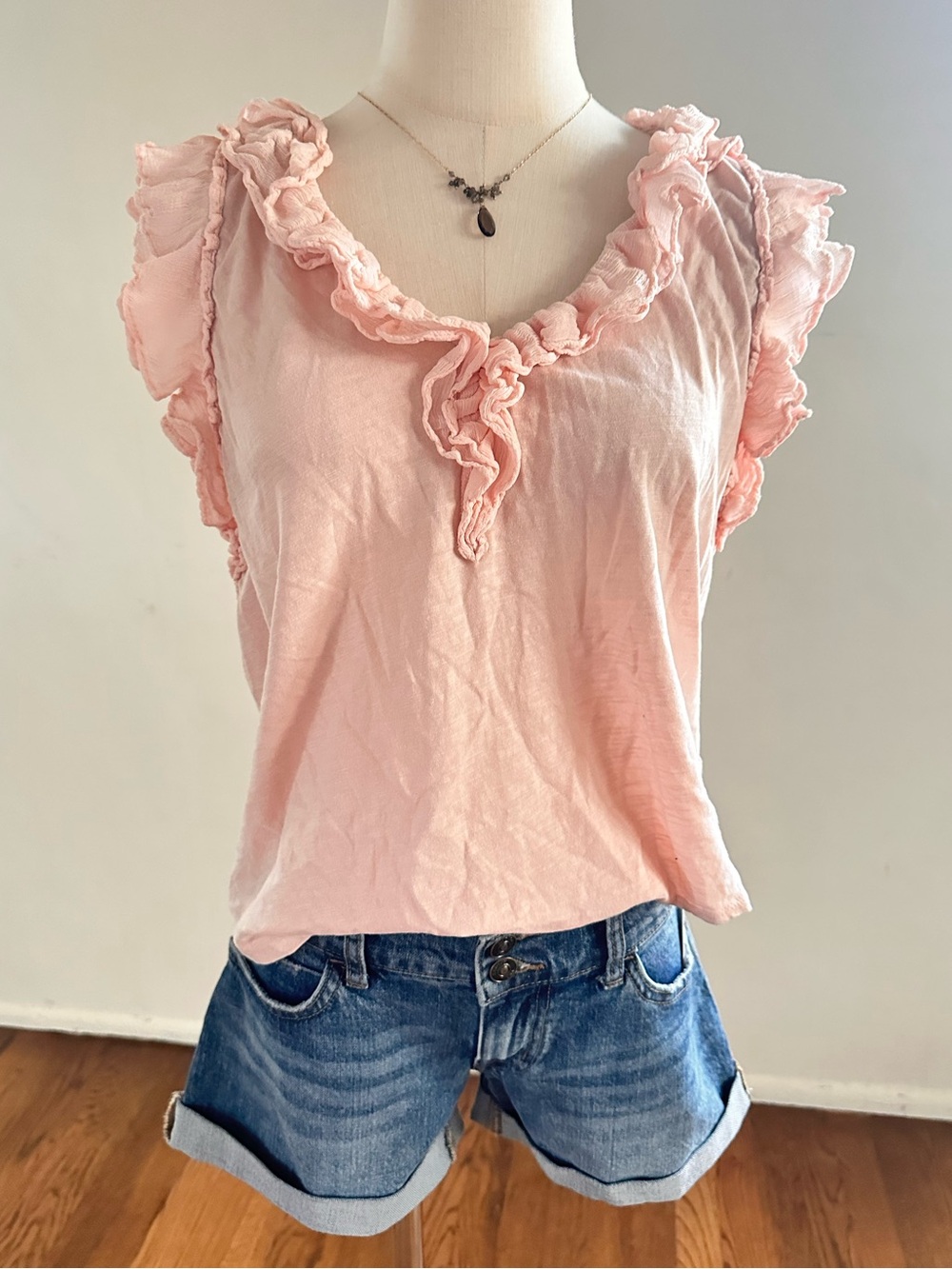 Anthropologie Blush Pink Ruffle Trim Cotton Gauze Sleeveless Top M